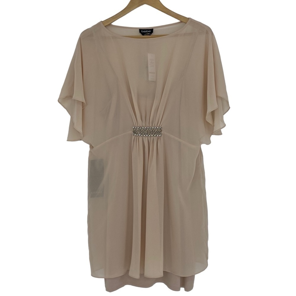 Bebe nude cape sleeve dress with rhinestone waist detail wms sz medium NWT